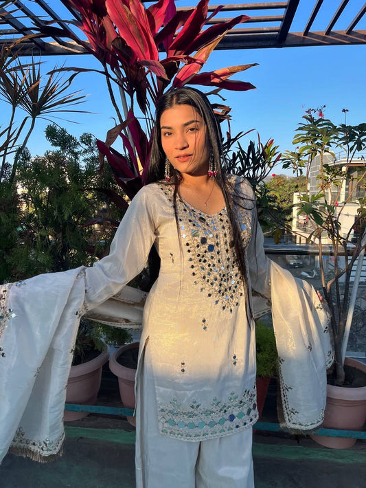 Faux Georgette Thread Mirror Work Suit