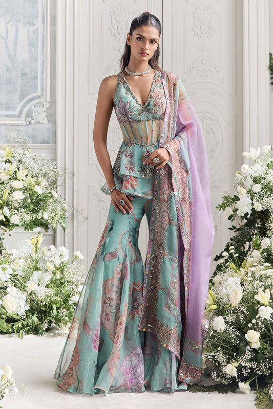 Carnival Mint Pastel Floral Bustier Sharara Dress