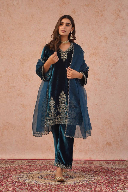 Designer Viscose Velvet Top, Pant and Dupatta Set with Thread Work