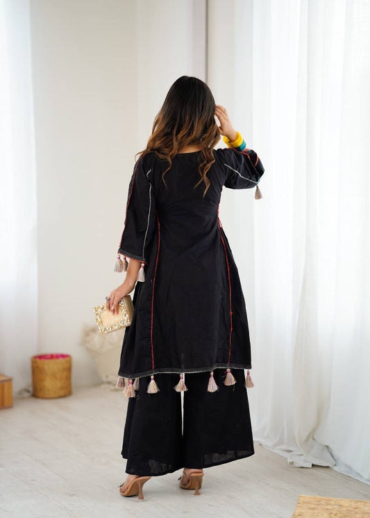 Black Color Pure Khadi Cotton Kurta With Pant Set