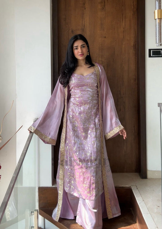 Lilac Three-Piece Jacket Set with Gold Embroidery