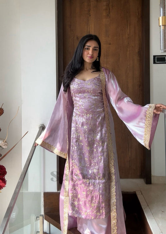 Lilac Three-Piece Jacket Set with Gold Embroidery