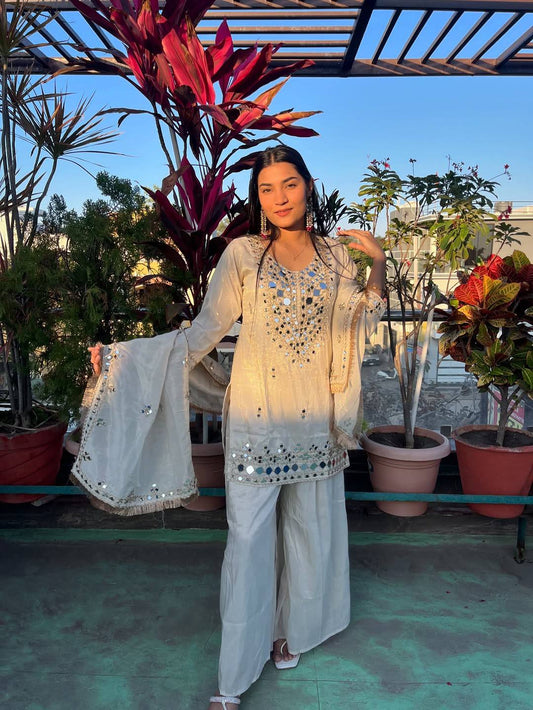 Faux Georgette Thread Mirror Work Suit