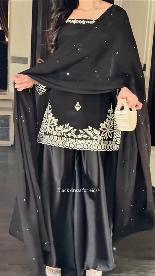 EID SPECIAL DESIGNER WEAR EMBROIDERED TOP -FARSI SALWAAR AND DUPATTA IN CREP❤️