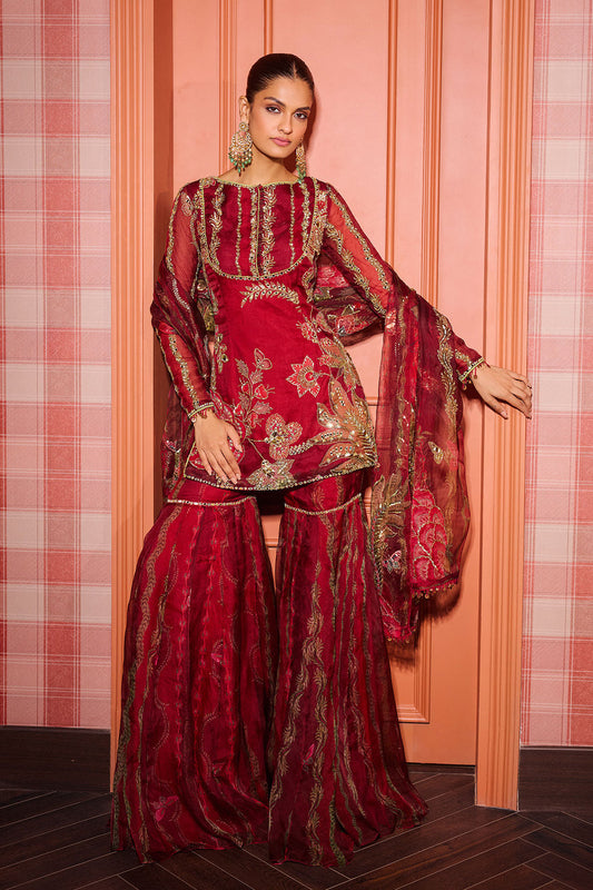 Embroidered Kurta and Dupatta with Garara (Red)