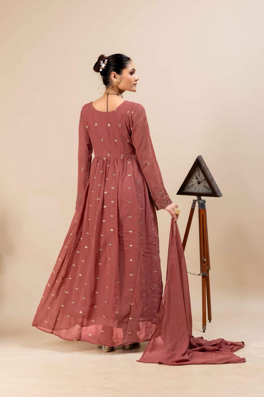 Brown Georgette Anarkali Gown with Intricate Embroidery