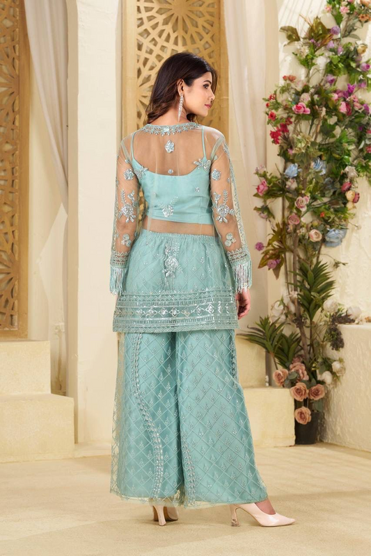 New Trending Real Shoot Butterfly Sequin Embroidery Top & Palazzo Set with Blouse